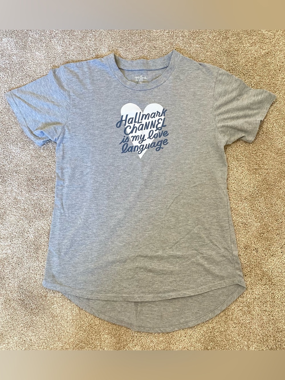 Hallmark Channel Women’s Medium Shirt My Love Language Grey Heart Short Sleeve